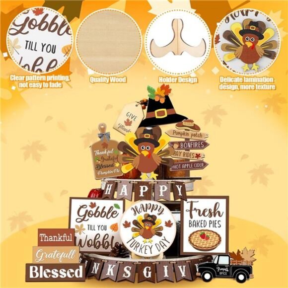 27 Pcs Thanksgiving Tiered Tray Decoration Turkey Thanksgiving Table Decoration - Picture 4 of 7